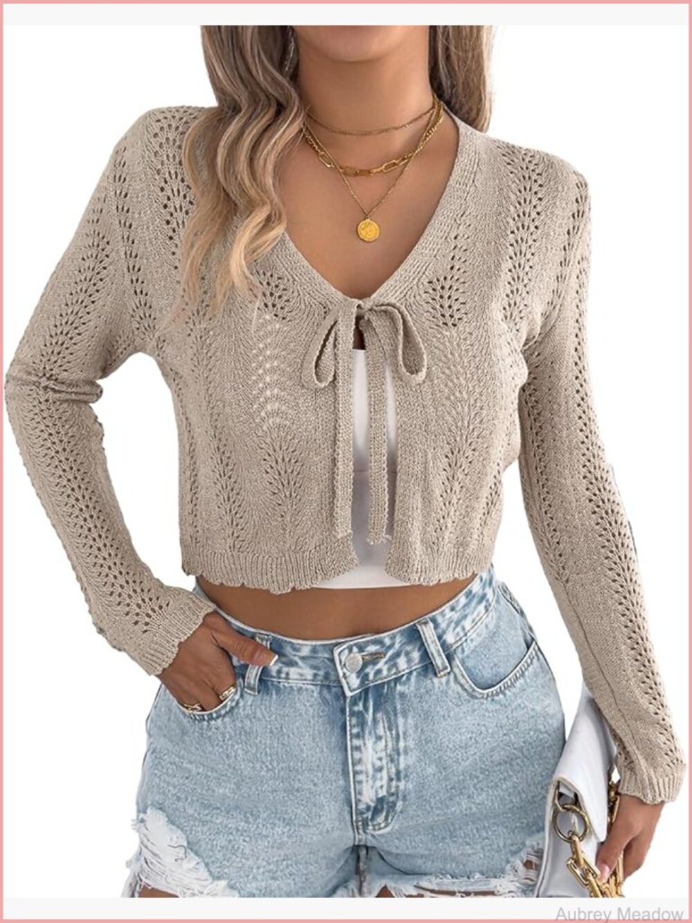 Tie Front Crochet Cardigan Long Sleeve Knit Crop Top Shrug Sweater